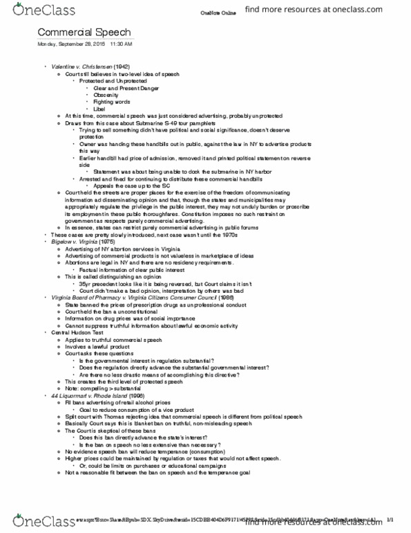 PSCI 3303 Lecture Notes - Lecture 6: Commercial Speech, Microsoft Onenote thumbnail
