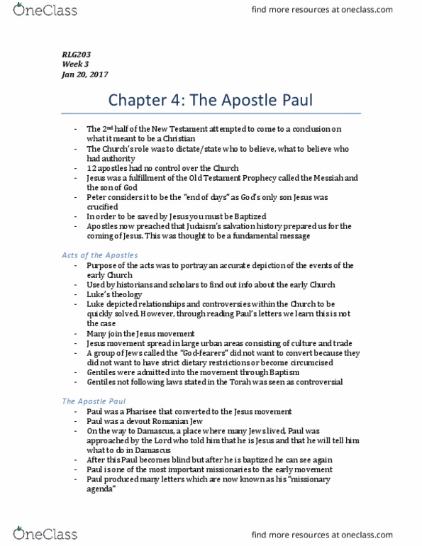 RLG203H5 Chapter Notes - Chapter 4: Pharisees, Paul The Apostle, Epistle To The Colossians thumbnail