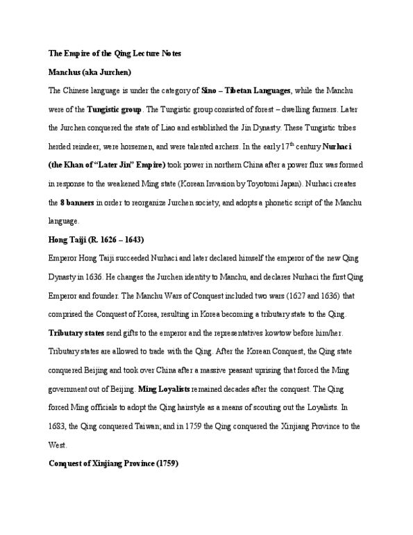 HIST 80b Lecture Notes - Lecture 3: Xinjiang, Manila Galleon, Nurhaci thumbnail