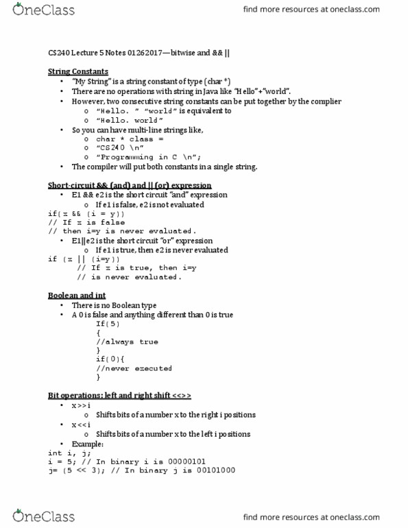 CS 24000 Lecture Notes - Lecture 5: Short Circuit, Bitwise Operation thumbnail