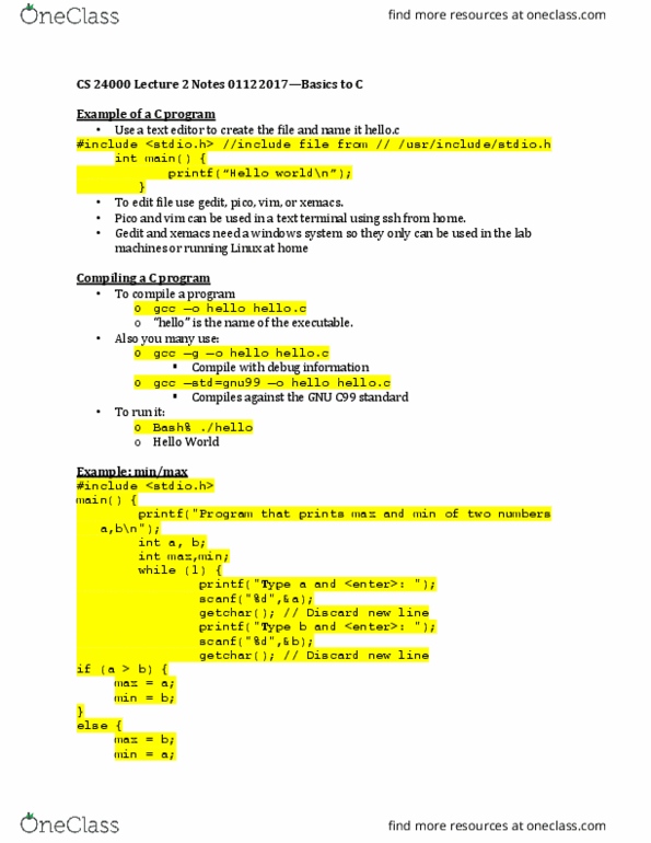 CS 24000 Lecture Notes - Lecture 2: Xemacs, Scanf Format String, Gedit thumbnail