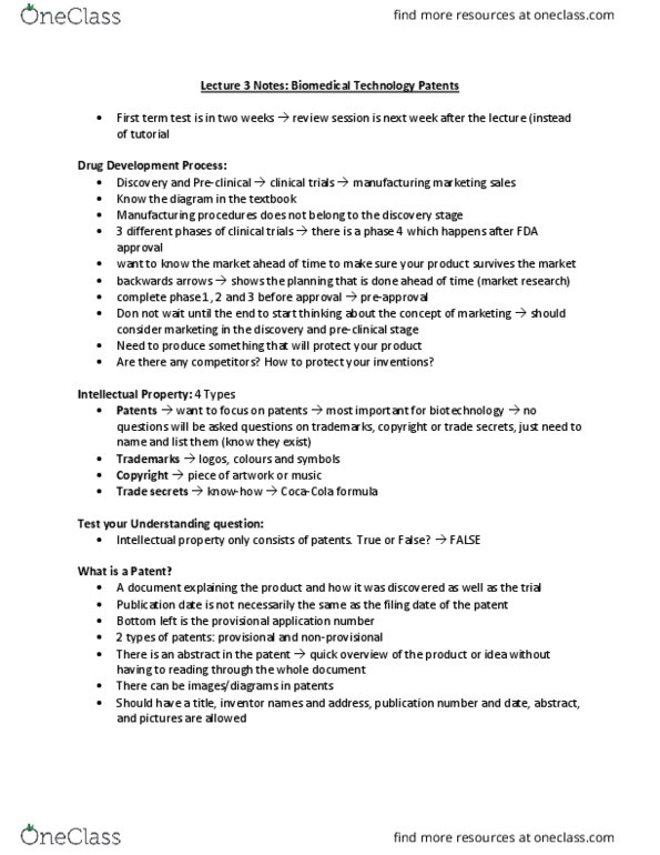 BIO375H5 Lecture Notes - Lecture 3: Patent Infringement, Medical Device, United States Patent And Trademark Office thumbnail