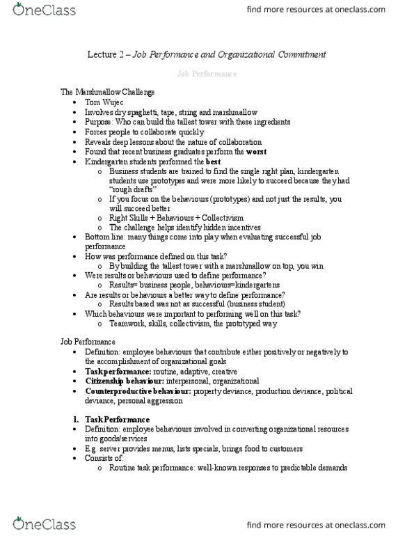 Management and Organizational Studies 2181A/B Lecture Notes - Lecture 2: Boosterism, Job Performance, Absenteeism thumbnail