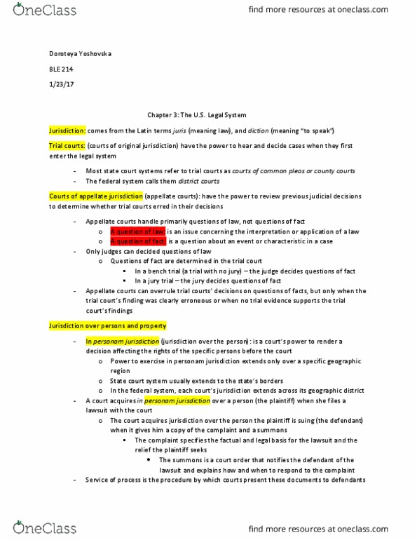 BLE-214 Lecture Notes - Lecture 2: Minimum Contacts, In Rem Jurisdiction, In Personam thumbnail