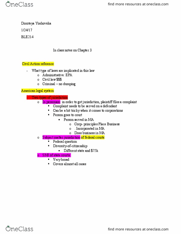 BLE-214 Lecture Notes - Lecture 2: United States District Court, In Personam, Ripeness thumbnail