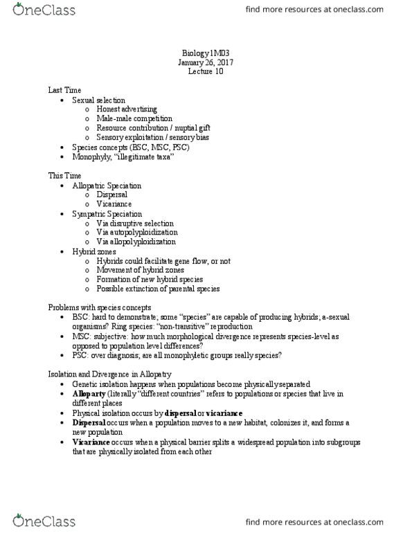 BIOLOGY 1M03 Lecture Notes - Lecture 10: Allele, Ring Species, Genetic Drift thumbnail