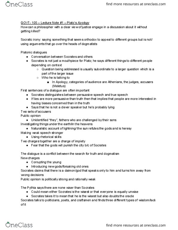 GOVT-105 FA2 Lecture Notes - Lecture 1: Irony, Heterodoxy, Lightning thumbnail