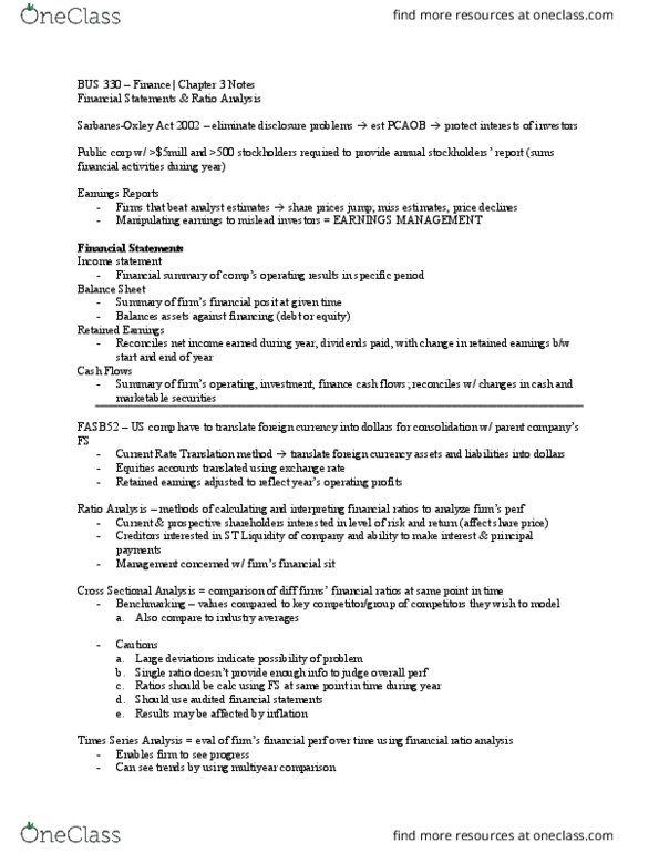 BUS 330 Lecture Notes - Lecture 3: Debt Ratio, Asset Turnover, Financial Ratio thumbnail