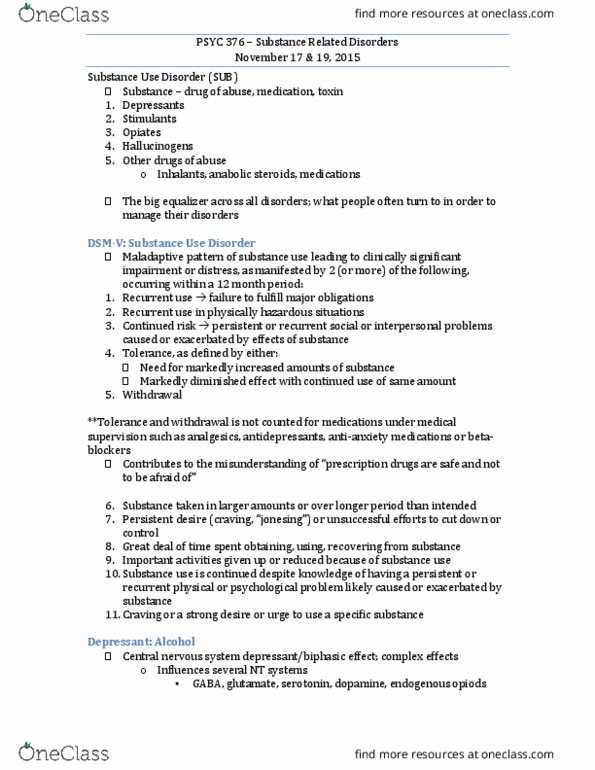 PSYC 376 Lecture Notes - Lecture 9: Etiology, Diazepam, Methadone thumbnail