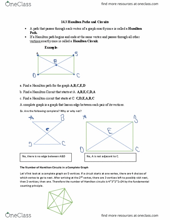 MATH 101 Lecture Notes - Lecture 3: Complete Graph, Hamiltonian Path thumbnail