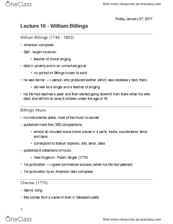MUSIC 1AA3 Lecture Notes - Lecture 10: Countertenor, William Billings thumbnail