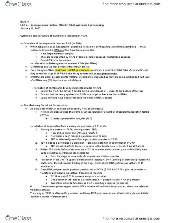 BIOB11H3 Lecture Notes - Lecture 4: Transcription Preinitiation Complex, Tata-Binding Protein, Restriction Site thumbnail