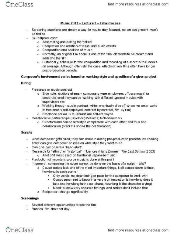 MUSIC 2F03 Lecture Notes - Lecture 3: Hans Zimmer, Edwin S. Porter, Alien 3 thumbnail