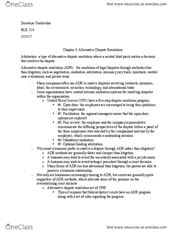 BLE-214 Lecture Notes - Lecture 4: United Parcel Service, National Labor Relations Act, Alternative Dispute Resolution thumbnail
