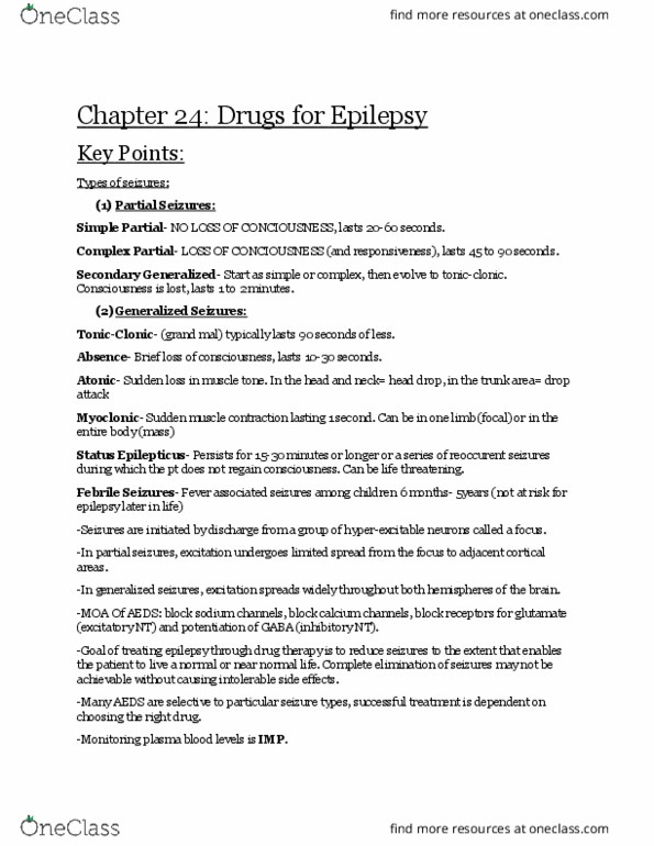 NURS 2004 Chapter Notes - Chapter 24: Anticonvulsant, Leukopenia, Warfarin thumbnail