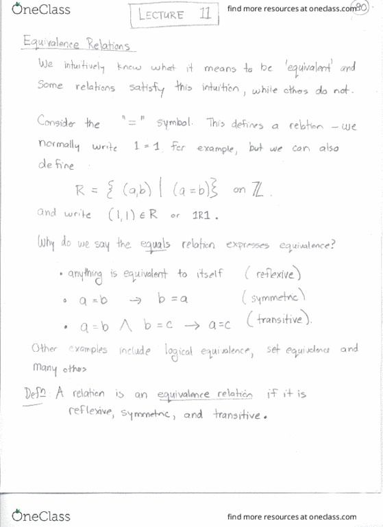COMP 1805 Lecture Notes - Lecture 11: Partially Ordered Set, Equivalence Class, Bundesautobahn 44 thumbnail