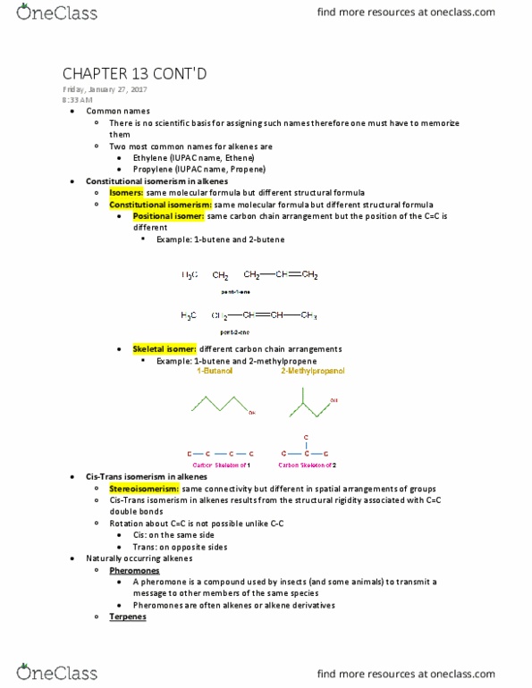CHEM 102 Lecture Notes - Lecture 5: Chemical Formula, Structural Formula, Alkene thumbnail