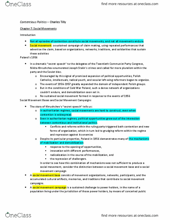 SOCIOL 1000 Chapter Notes - Chapter 7: Social Movement Organization, Social Movement, Nikita Khrushchev thumbnail