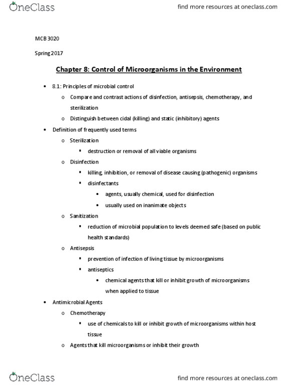 MCB 3020 Lecture Notes - Lecture 20: Antiseptic, Disinfectant, Chemotherapy thumbnail