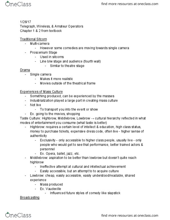 MCC-UE 1010 Lecture Notes - Lecture 1: Single-Camera Setup, Middlebrow, Fourth Wall thumbnail