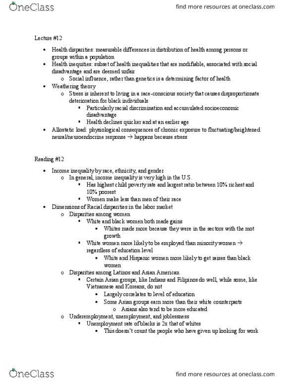 SOC 134 Lecture Notes - Lecture 12: Allostatic Load, Health Equity, Underemployment thumbnail