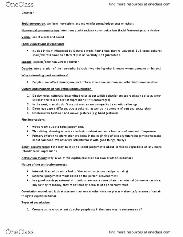 PSYCH 221 Chapter Notes - Chapter 4: Fundamental Attribution Error, Nonverbal Communication, Social Perception thumbnail