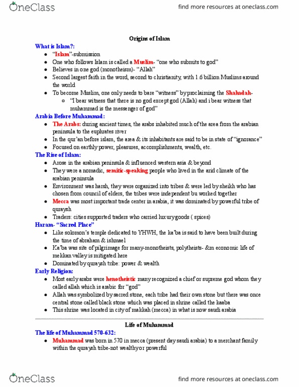 REL 10200 Lecture Notes - Lecture 1: Quraysh, Kaaba, Zoroastrianism thumbnail