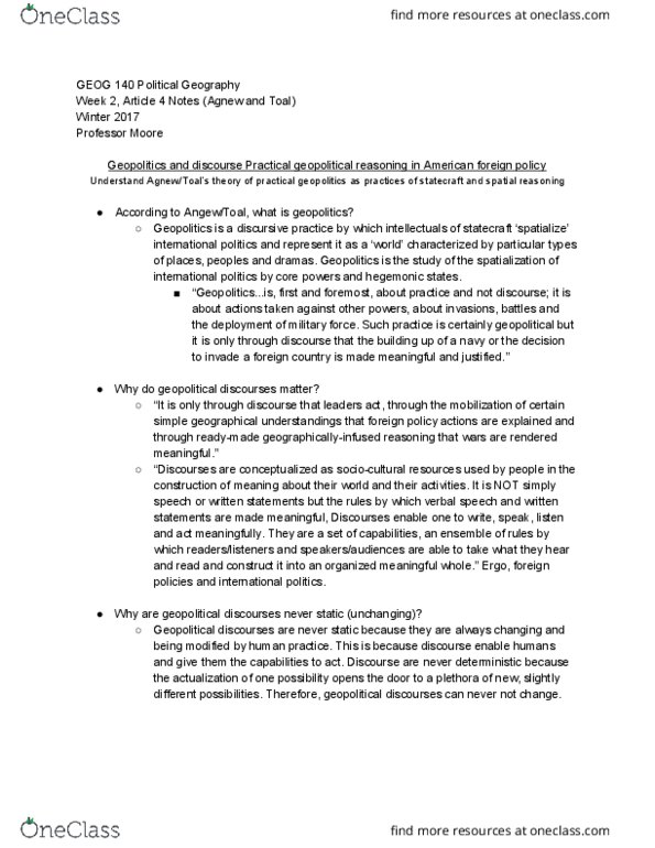 GEOG 140 Chapter Notes - Chapter 3: Geopolitics, Monroe Doctrine, Hegemony thumbnail