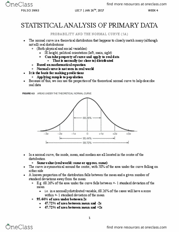 POLSCI 3NN3 Lecture 7: JAN 26 - NORMAL CURVE AND PROBABILITY - with weekly study guide thumbnail