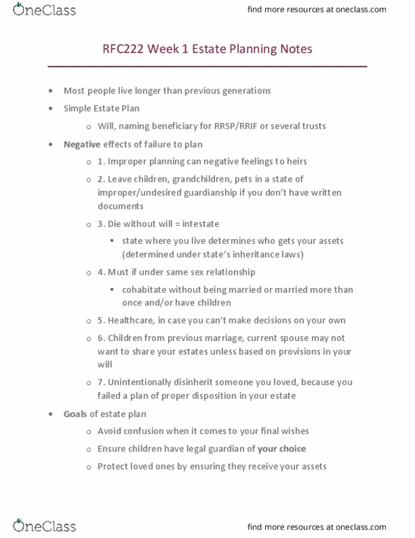 Business Administration - Financial Planning RFC222 Lecture Notes - Lecture 1: Estate Planning, Money Market Fund, Life Insurance thumbnail