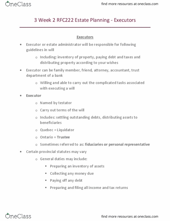 Business Administration - Financial Planning RFC222 Lecture Notes - Lecture 3: Probate Court, Testator thumbnail