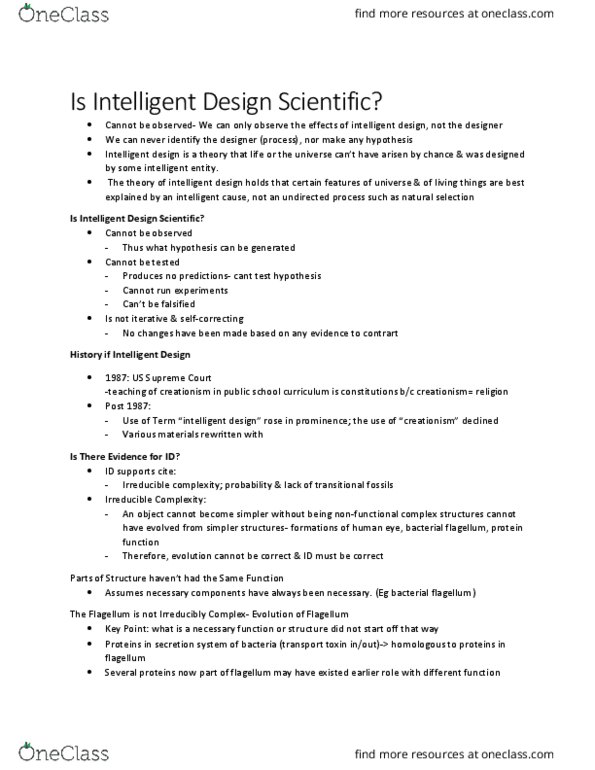 BIOL 1001 Lecture Notes - Lecture 2: Irreducible Complexity, Intelligent Design, Flagellum thumbnail