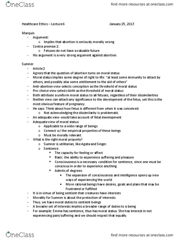 Philosophy 2715F/G Lecture Notes - Lecture 6: Sentience, Brain Death, Fetus thumbnail