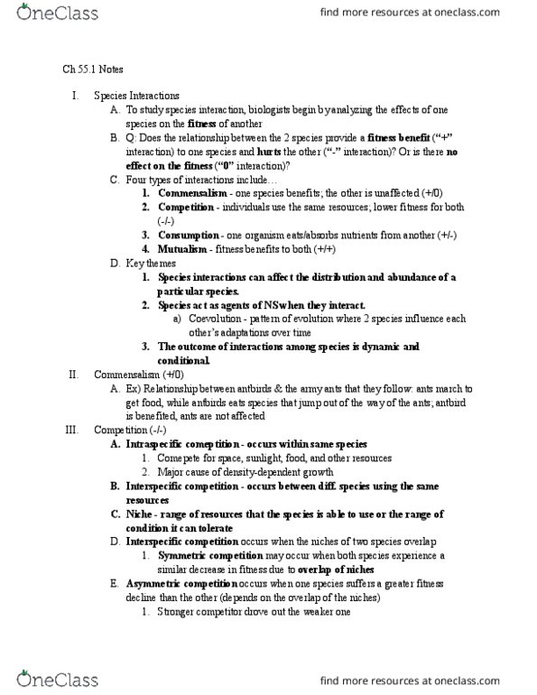 BIO SCI 94 Chapter Notes - Chapter 55: Interspecific Competition, Commensalism, Coevolution thumbnail