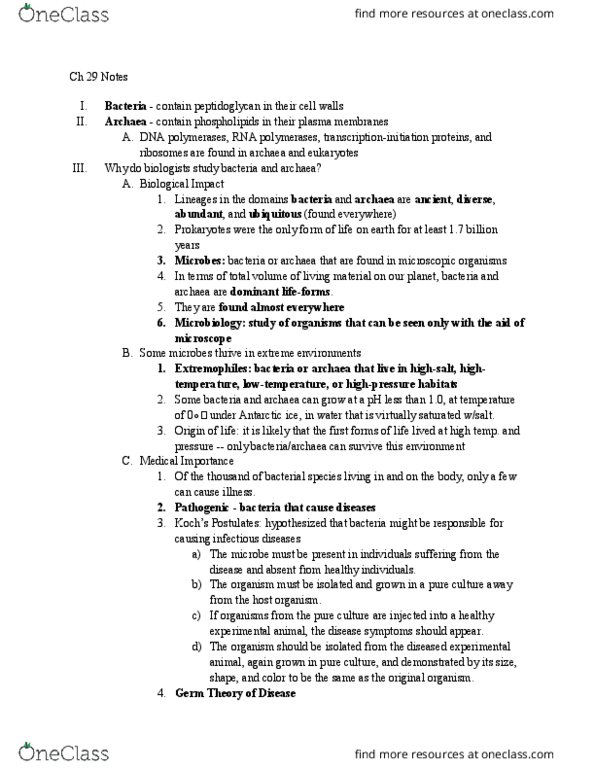 BIO SCI 94 Chapter Notes - Chapter 29: Pathogenic Bacteria, Microbiological Culture, Archaea thumbnail