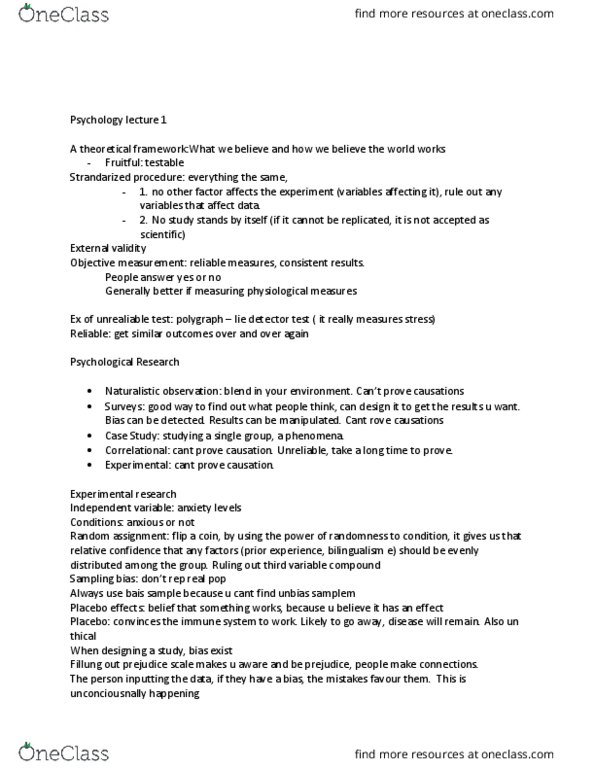 PSY100Y5 Lecture Notes - Lecture 1: External Validity, Dependent And Independent Variables thumbnail