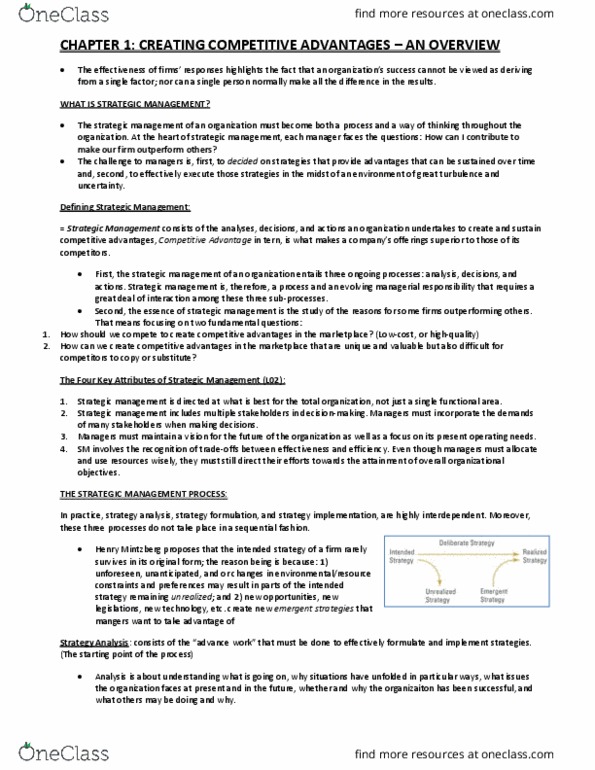 ADMS 4900 Chapter Notes - Chapter 1: Strategic Management, Stakeholder Management, Henry Mintzberg thumbnail