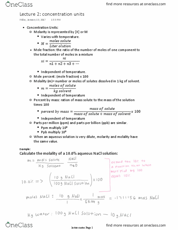 CHEM 1312 Lecture Notes - Lecture 2: Mole Fraction, Molality, Molar Concentration thumbnail