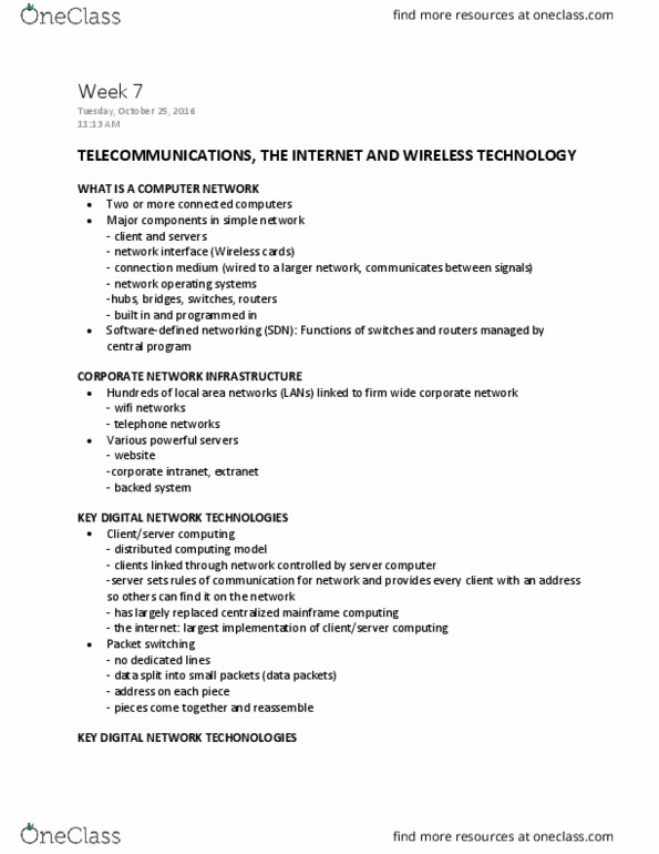 ITM 102 Lecture Notes - Lecture 7: Packet Switching, Distributed Computing, Extranet thumbnail