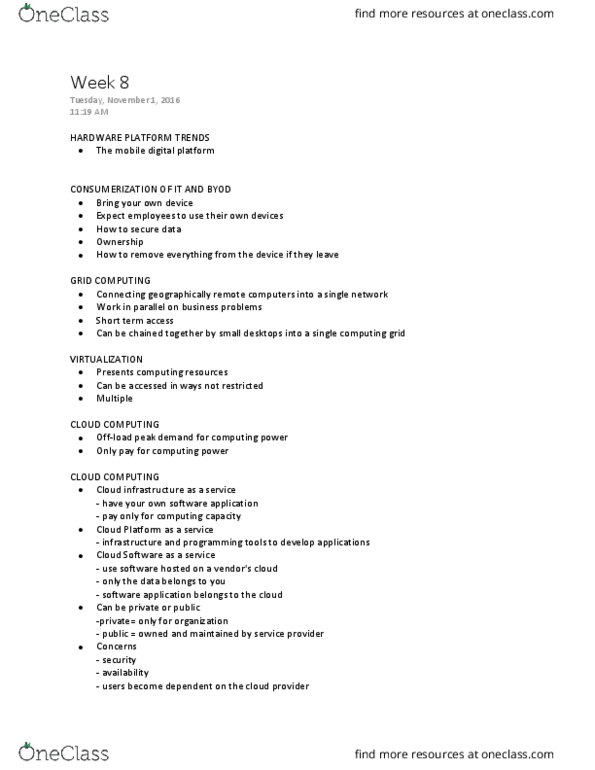 ITM 102 Lecture Notes - Lecture 8: Cloud Computing, Bring Your Own Device thumbnail