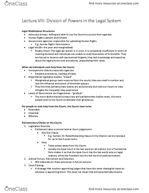 POLI 343 Lecture Notes - Lecture 8: Veto, Section 33 Of The Canadian Charter Of Rights And Freedoms, Bureaucracy thumbnail