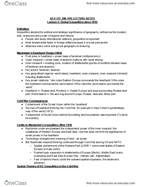GEOG 122 Lecture Notes - Lecture 2: Geopolitics, Omnipotence, Domino Theory thumbnail