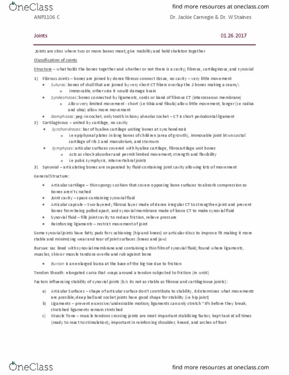 ANP 1106 Chapter Notes - Chapter 8: Synovial Joint, Hyaline Cartilage, Synovial Fluid thumbnail