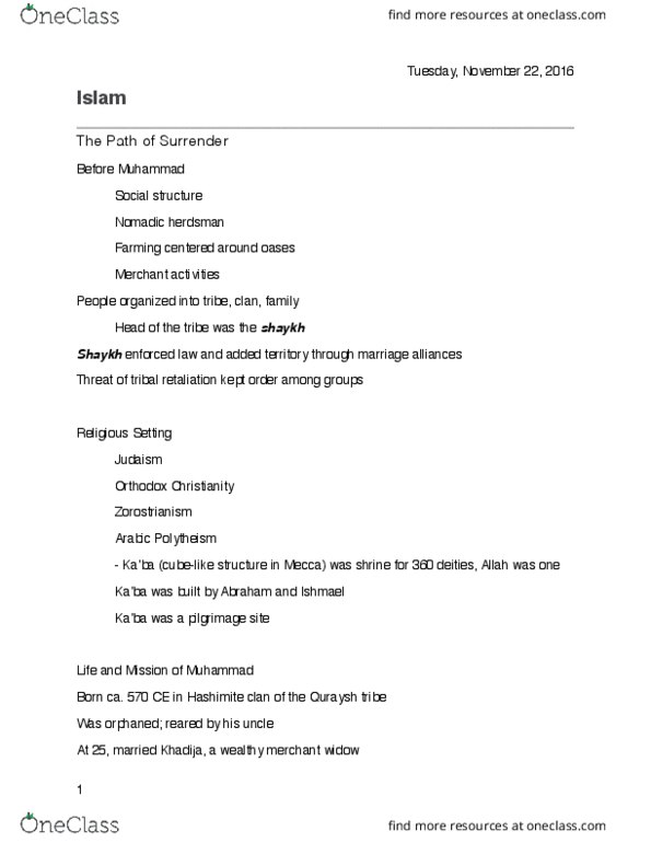 REL 2306 Lecture Notes - Lecture 17: Quraysh, Polytheism, Temple Mount thumbnail