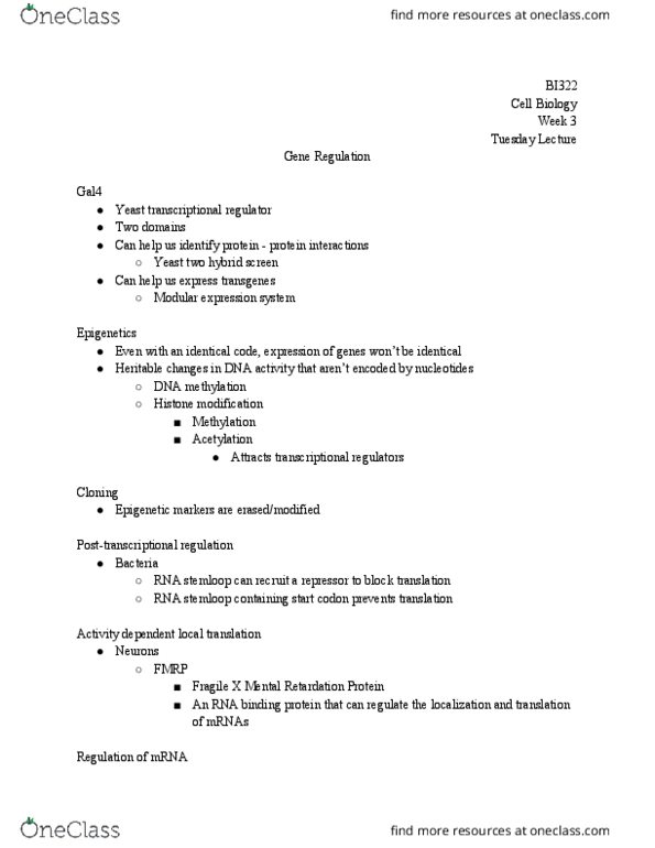 BI 322 Lecture Notes - Lecture 5: Small Interfering Rna, Histone Methylation, Gene Expression thumbnail