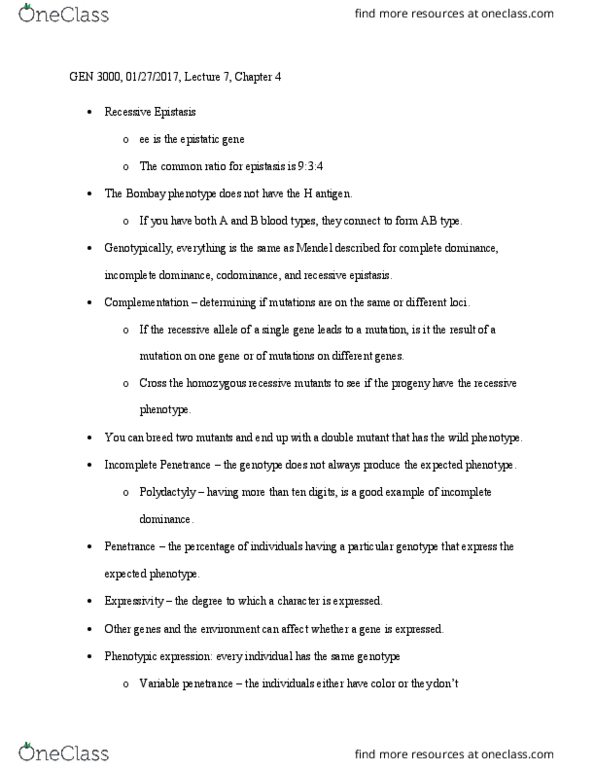 GEN-3000 Lecture Notes - Lecture 7: Hh Blood Group, Epistasis, Polydactyly thumbnail