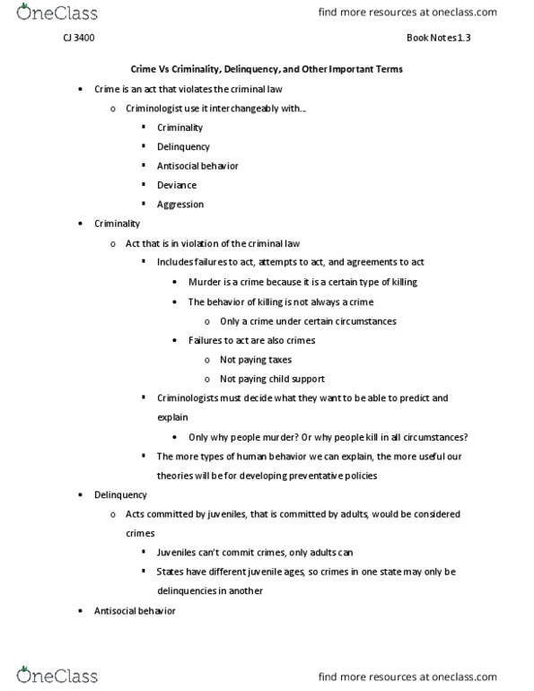 CJ 3400 Chapter Notes - Chapter 1.3: Anti-Social Behaviour, Conduct Disorder, Schizophrenia thumbnail