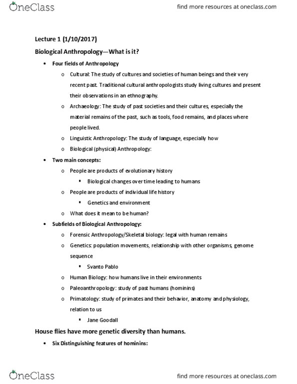 ANTH 242 Lecture Notes - Lecture 1: Biological Anthropology, Ethnography, Primatology thumbnail