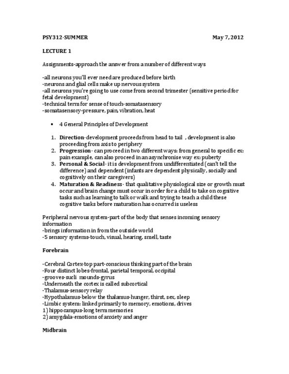 PSY312H5 Lecture Notes - Neuroglia, Postcentral Gyrus, Limbic System thumbnail