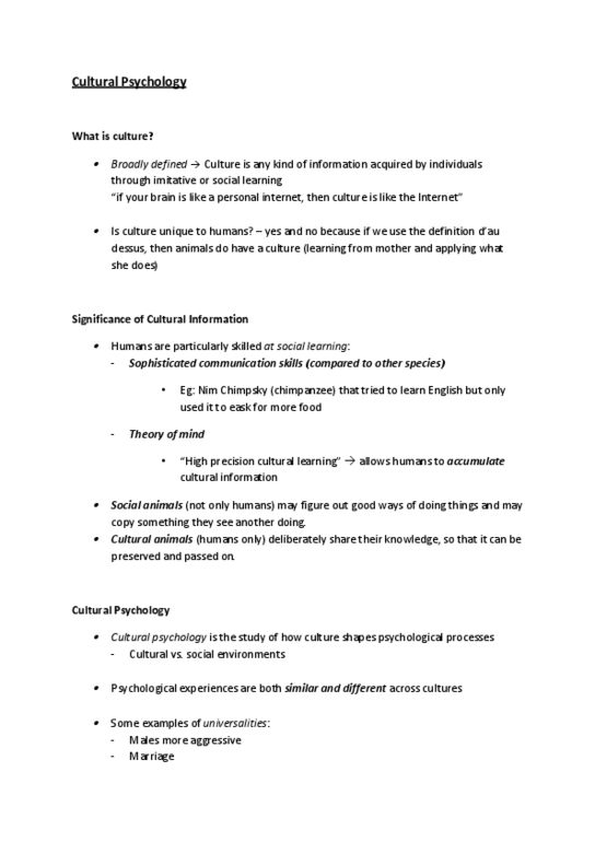 PSY100H1 Lecture Notes - Nim Chimpsky, Cultural Psychology, Social Loafing thumbnail